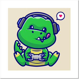 Cute Dino Gaming Cartoon Posters and Art